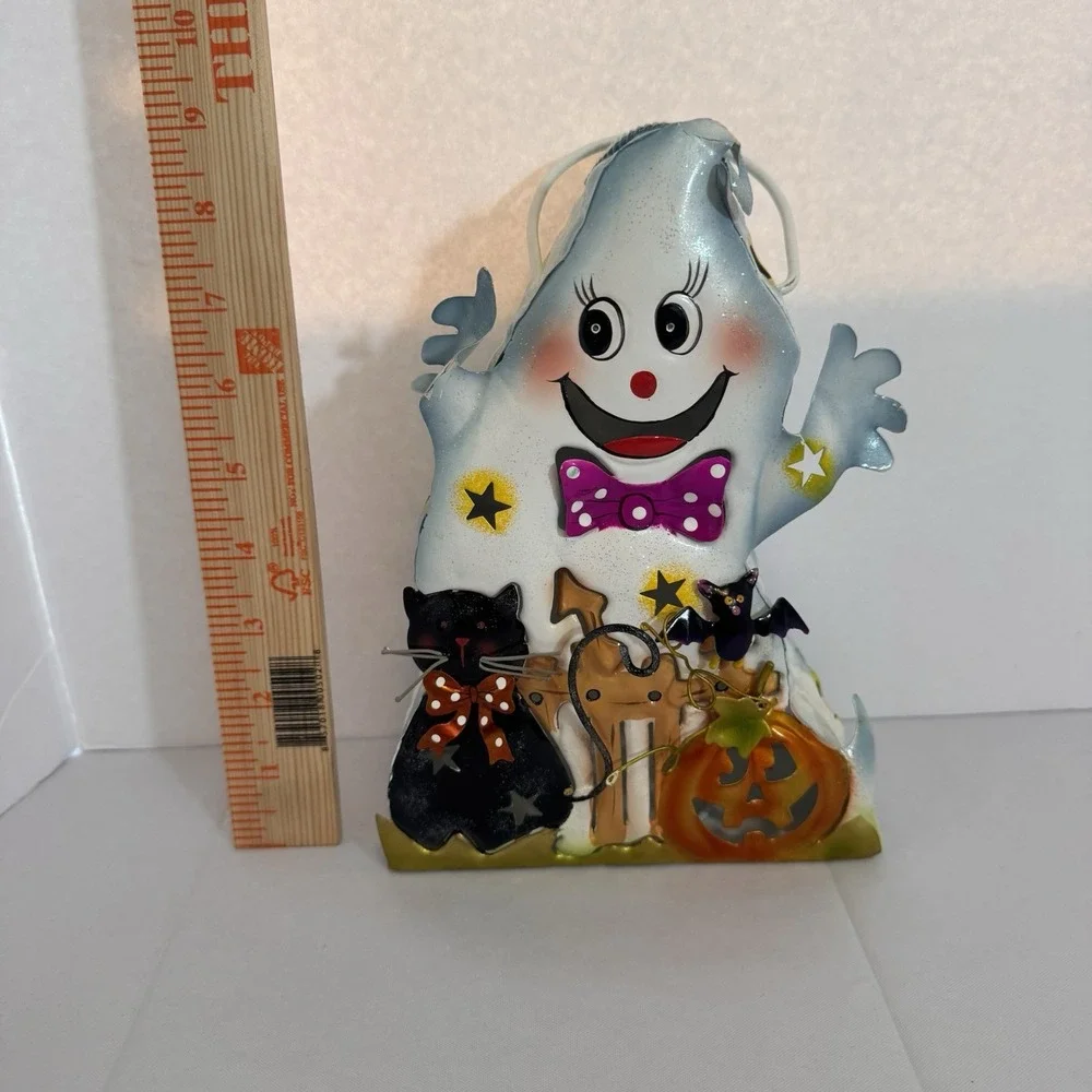 Vintage Halloween Metal Candle Tin‎ Ghost Pumpkin and Cat Home Accent Tea Light - Picture 9 of 9